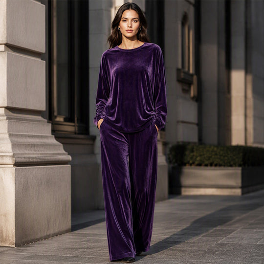 🍁Get Your New Fall Fashion-Women's Velvet Long Sleeve Top & Wide-Leg Pants Set