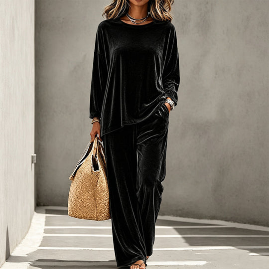 🍁Get Your New Fall Fashion-Women's Velvet Long Sleeve Top & Wide-Leg Pants Set