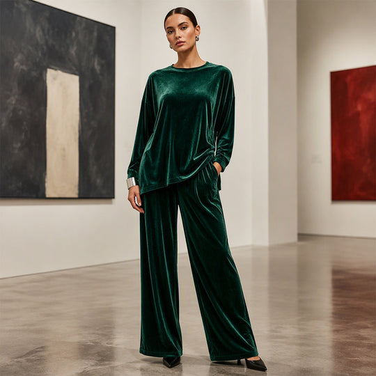 🍁Get Your New Fall Fashion-Women's Velvet Long Sleeve Top & Wide-Leg Pants Set