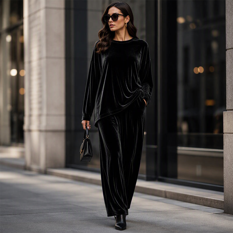 🍁Get Your New Fall Fashion-Women's Velvet Long Sleeve Top & Wide-Leg Pants Set