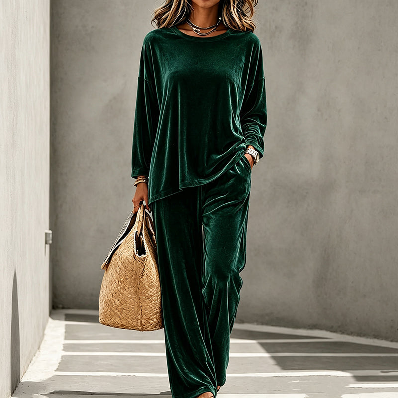 🍁Get Your New Fall Fashion-Women's Velvet Long Sleeve Top & Wide-Leg Pants Set
