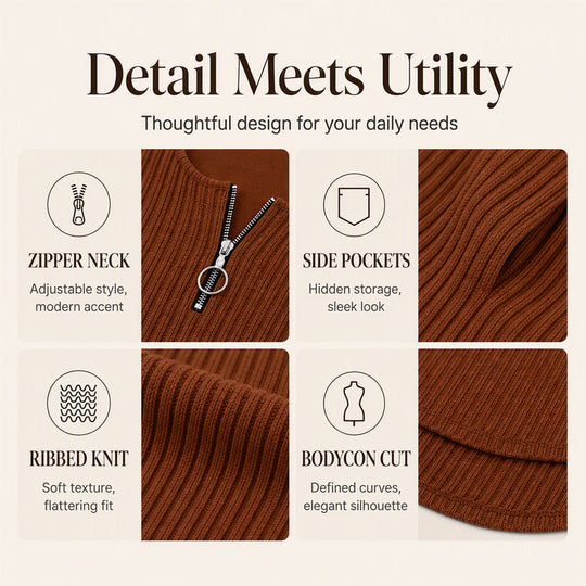 🍂 Women's Front Zipper Ribbed Knit Dress – Flattering Comfort Meets Effortless Autumn Style