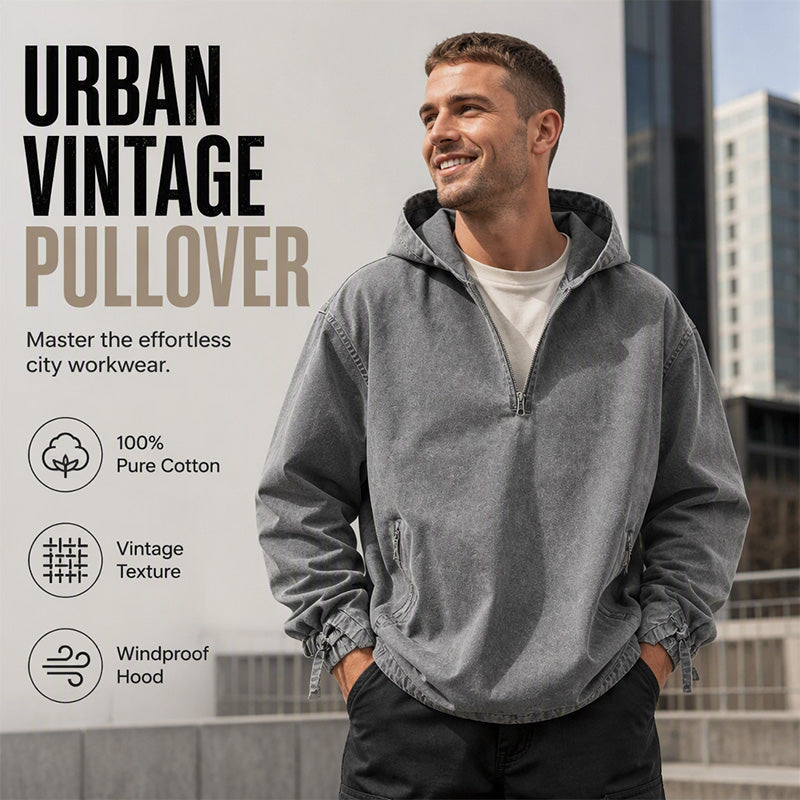 🤎Men's Vintage Washed Half-Zip Hooded Top – Relaxed Casual Pullover for Everyday Style