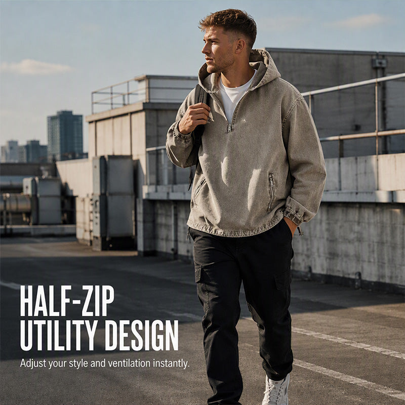 🤎Men's Vintage Washed Half-Zip Hooded Top – Relaxed Casual Pullover for Everyday Style