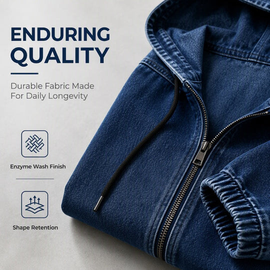 💙 Women's Casual Zip-Up Hooded Denim Jacket – Relaxed Fit & Adjustable Waist ✨