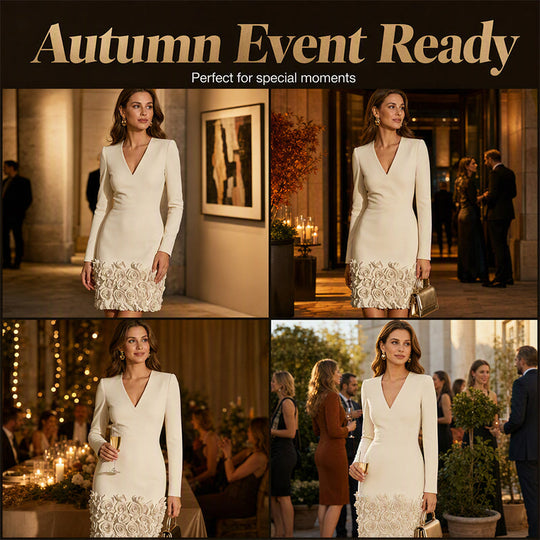 Women's Elegant V-Neck Long Sleeve Dress | 3D Rose-Hem Mini Dress