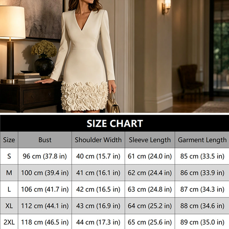 Women's Elegant V-Neck Long Sleeve Dress | 3D Rose-Hem Mini Dress