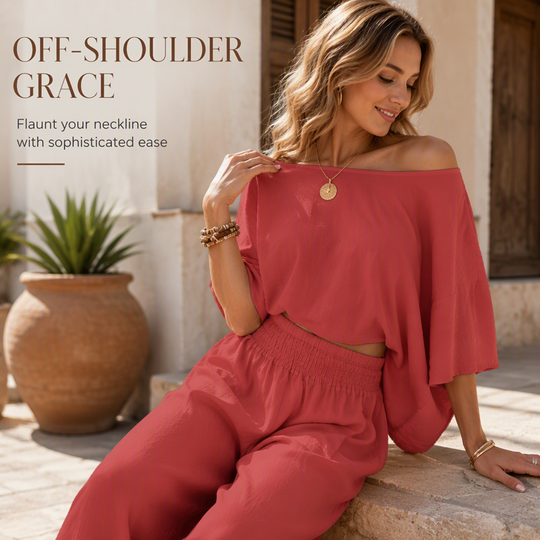 ✨ Women’s Off-Shoulder Top & Wide-Leg Pants Set – Effortless Elegance Meets Everyday Comfort
