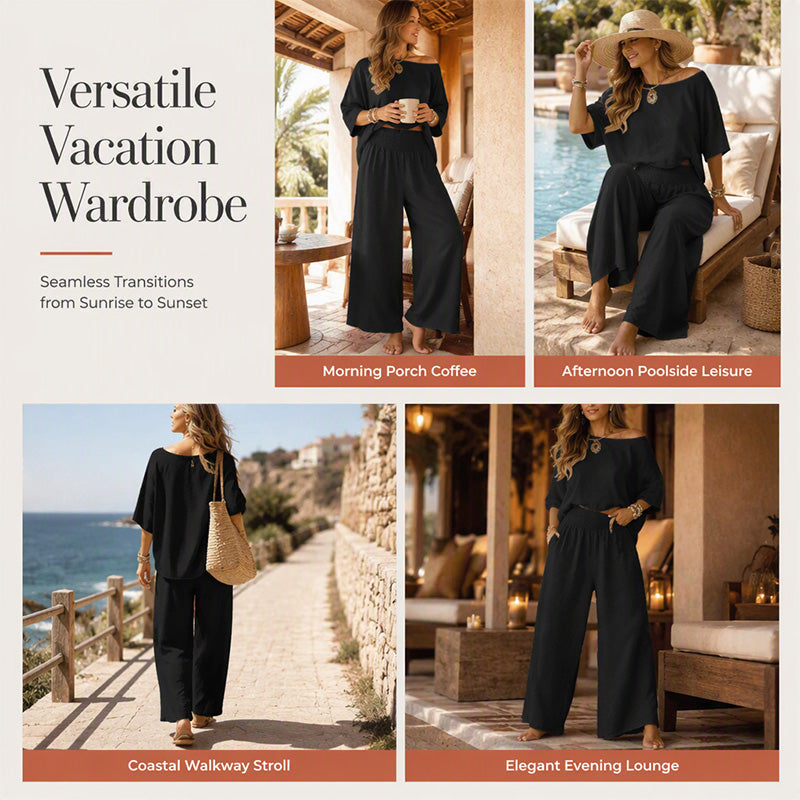 ✨ Women’s Off-Shoulder Top & Wide-Leg Pants Set – Effortless Elegance Meets Everyday Comfort