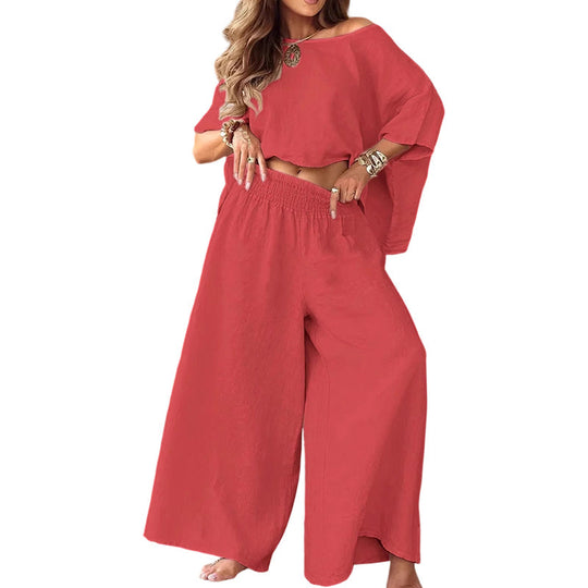 ✨ Women’s Off-Shoulder Top & Wide-Leg Pants Set – Effortless Elegance Meets Everyday Comfort