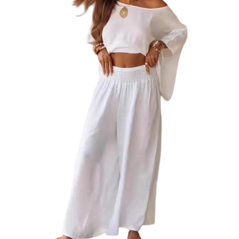 ✨ Women’s Off-Shoulder Top & Wide-Leg Pants Set – Effortless Elegance Meets Everyday Comfort