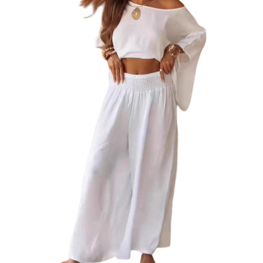 ✨ Women’s Off-Shoulder Top & Wide-Leg Pants Set – Effortless Elegance Meets Everyday Comfort