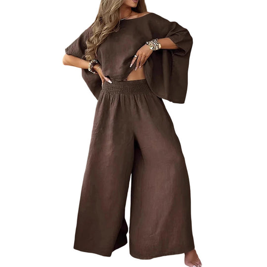 ✨ Women’s Off-Shoulder Top & Wide-Leg Pants Set – Effortless Elegance Meets Everyday Comfort