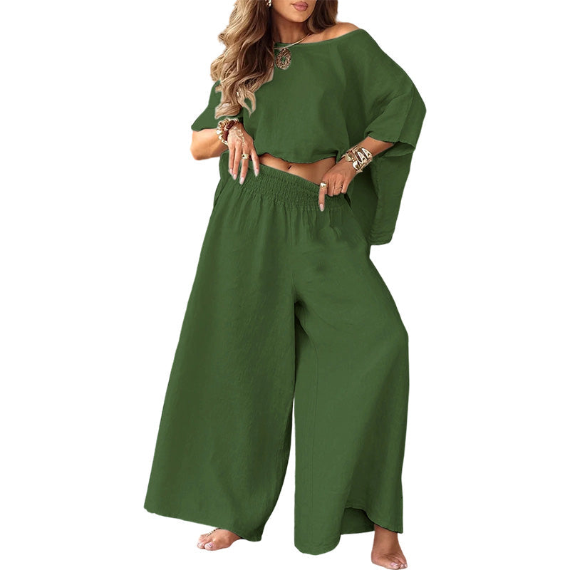 ✨ Women’s Off-Shoulder Top & Wide-Leg Pants Set – Effortless Elegance Meets Everyday Comfort