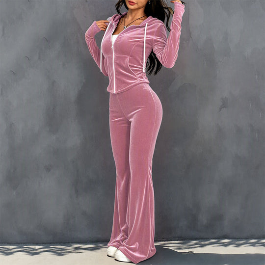 ✨ Women's Velvet Zip-Up Hoodie & Flared Pants Set – Luxe Comfort Meets Effortless Style