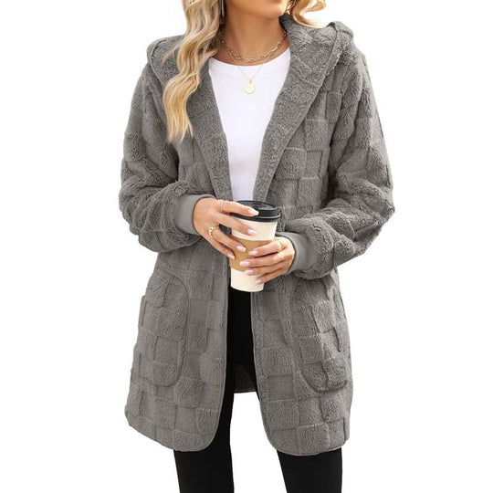 🌸 50% OFF NOW!Hooded Fluffy Fleece Cardigan, Textured Check Pattern Open Front Coat with Pockets
