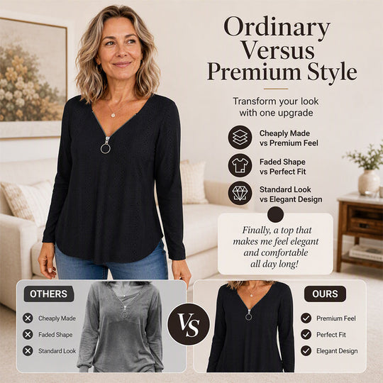 🍁New Fall Collection-Women's Zipper V-Neck Long Sleeve Top