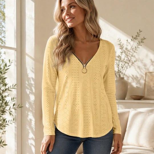 🍁New Fall Collection-Women's Zipper V-Neck Long Sleeve Top