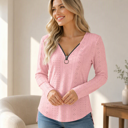 🍁New Fall Collection-Women's Zipper V-Neck Long Sleeve Top