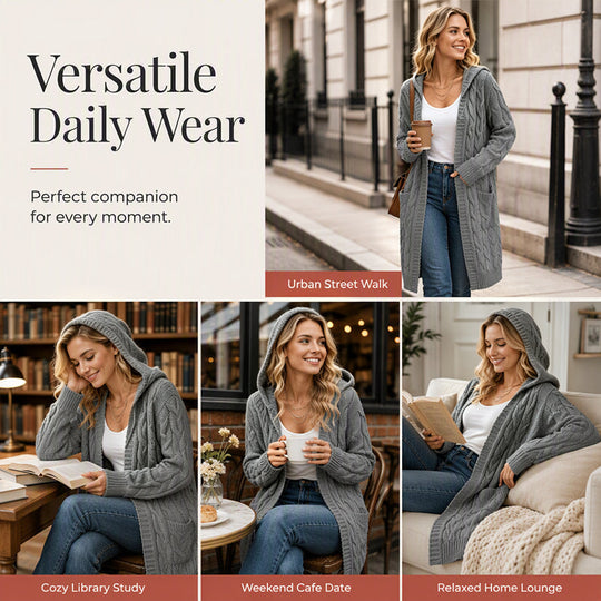 Women's Long Hooded Knit Cardigan with Pockets