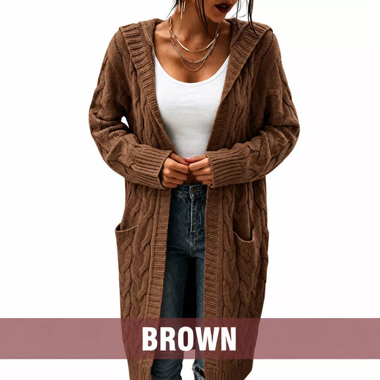 Women's Long Hooded Knit Cardigan with Pockets