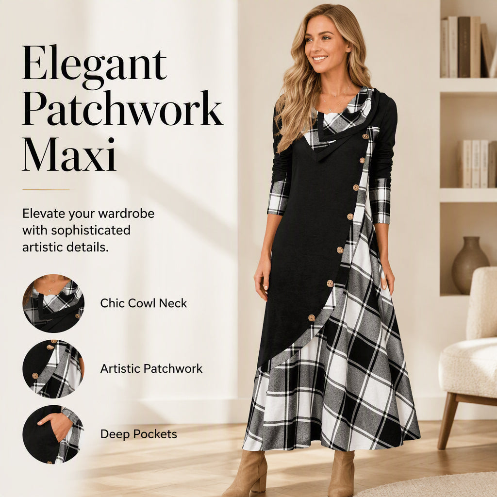 Women Plaid Patchwork Cowl Neck Maxi Dress