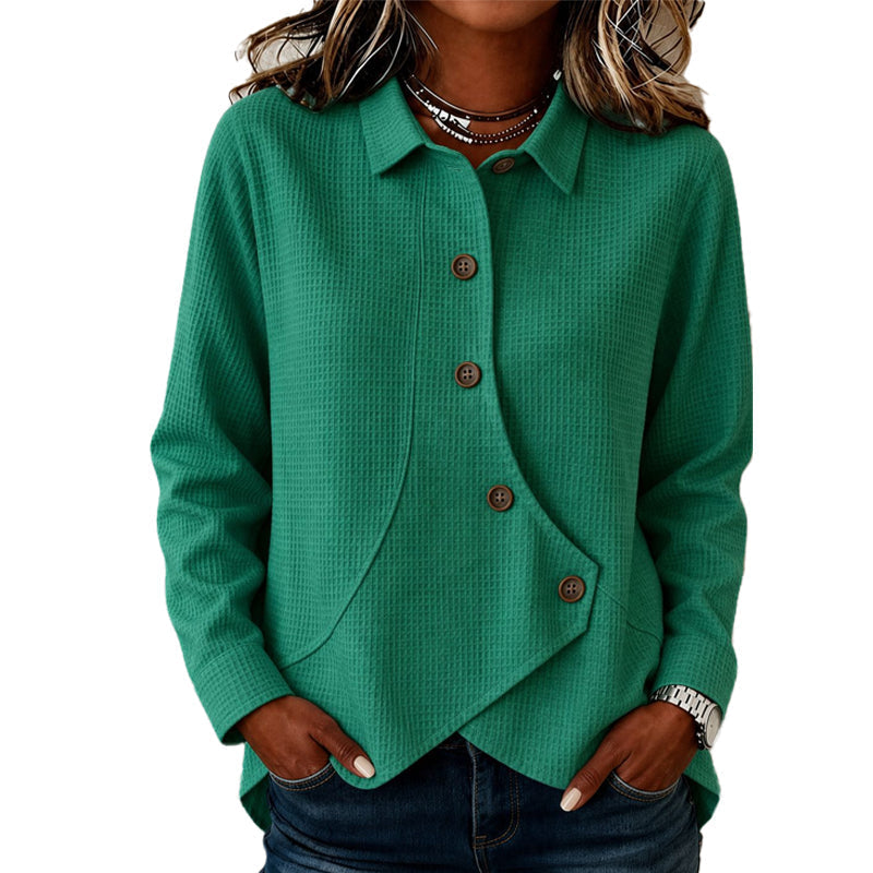 ✨ Easy Everyday Comfort | Women’s Waffle-Knit Irregular-Hem Button Top