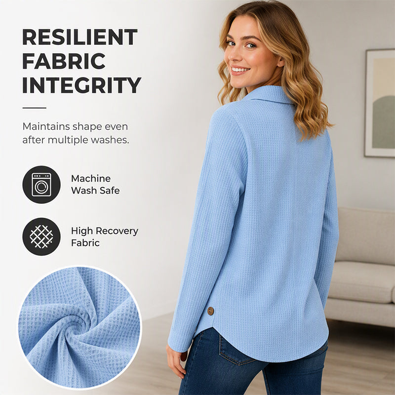 ✨ Easy Everyday Comfort | Women’s Waffle-Knit Irregular-Hem Button Top