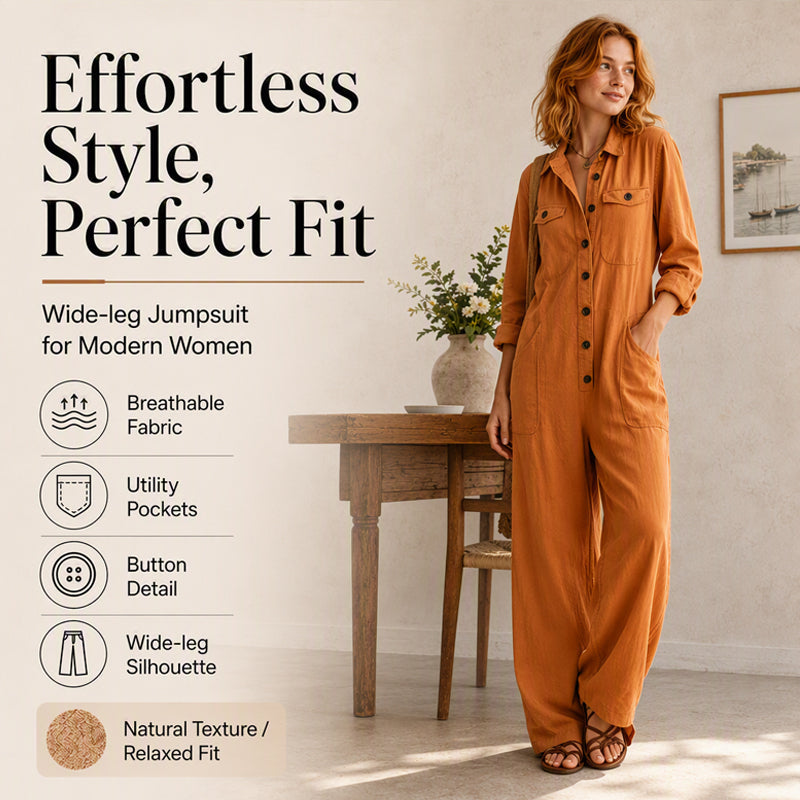 🍂 Women’s Wide-Leg Cargo Jumpsuit – Effortless Utility Style & Autumn Comfort