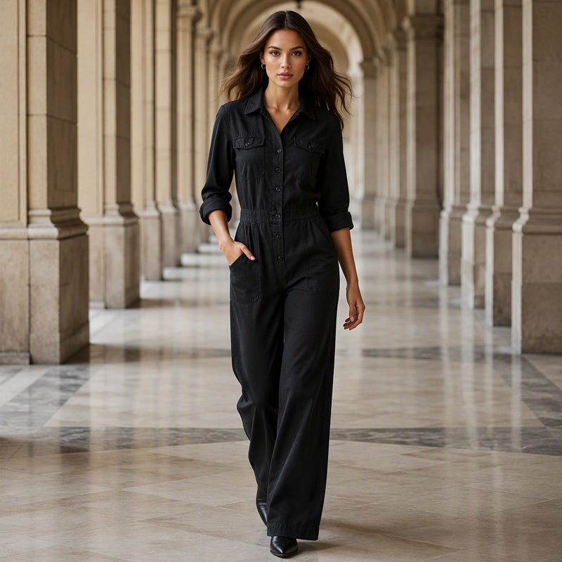 🍂 Women’s Wide-Leg Cargo Jumpsuit – Effortless Utility Style & Autumn Comfort