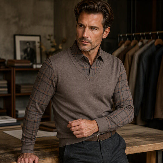 ✨ Timeless Comfort | Men's Plaid Layered-Look Knit Top
