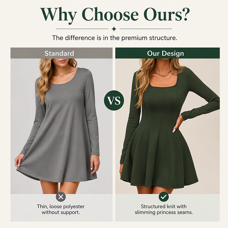 ✨ Flattering Elegance | Women's Square-Neck Long-Sleeve A-Line Mini Dress