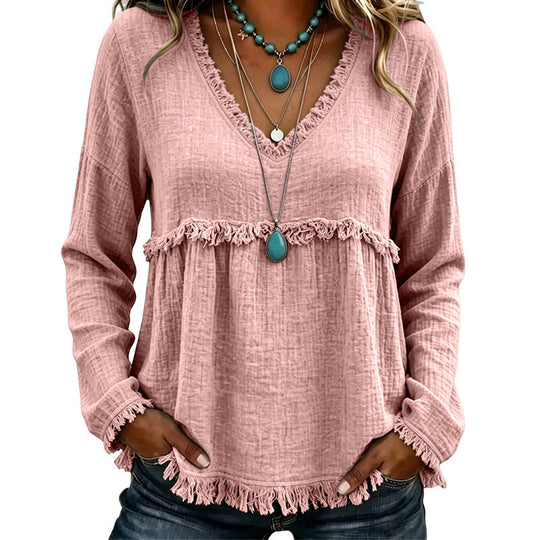 Bestseller🏆👚 Tassel V-Neck Blouse – Timeless Silhouette & All-Day Comfort for Every Look