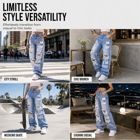 ✨ Effortless Everyday Style | Women's Distressed High-Rise Wide-Leg Jeans