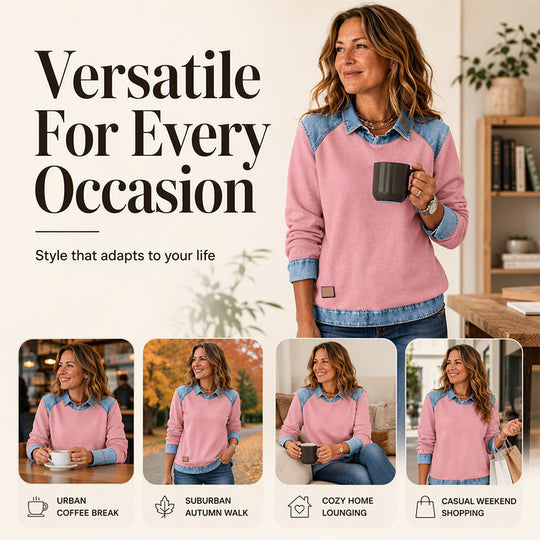 ✨ Easy Everyday Style | Women's Denim Patchwork Long-Sleeve Sweatshirt