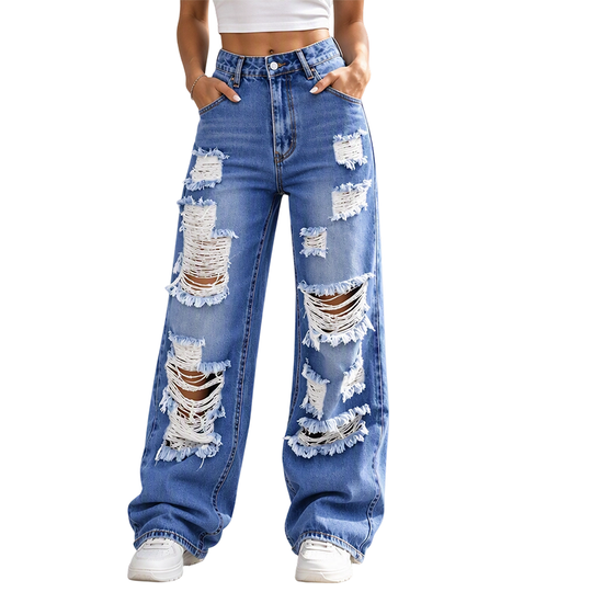 💙 Denim Audacieux | Jean Femme Large Déchiré à Taille Haute