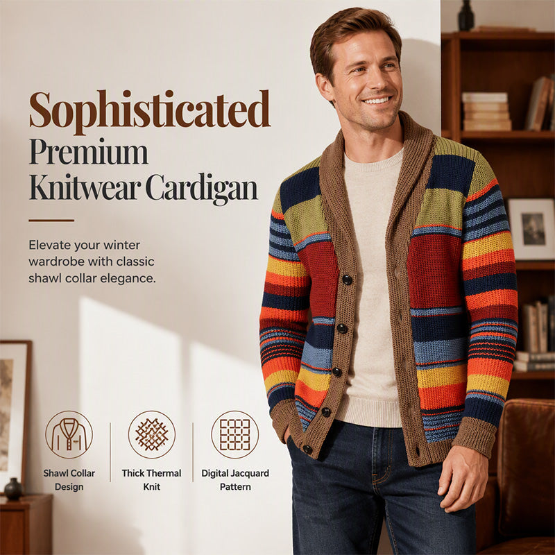 ❄️ Cold-Weather Comfort | Men's Striped Shawl-Collar Knit Cardigan