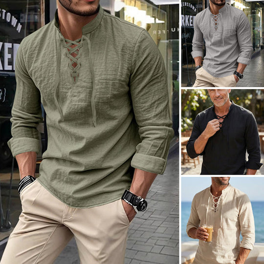 ✨ Easy Everyday Style | Men's Lace-Up Stand-Collar Cotton-Blend Shirt