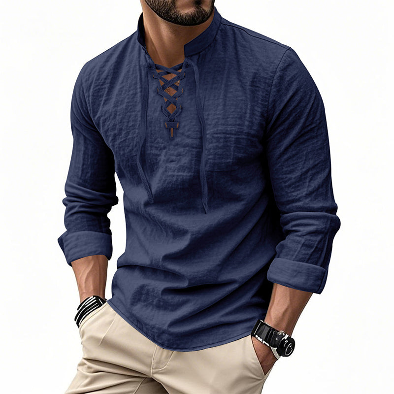 ✨ Easy Everyday Style | Men's Lace-Up Stand-Collar Cotton-Blend Shirt