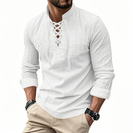 ✨ Easy Everyday Style | Men's Lace-Up Stand-Collar Cotton-Blend Shirt