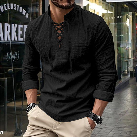 ✨ Easy Everyday Style | Men's Lace-Up Stand-Collar Cotton-Blend Shirt