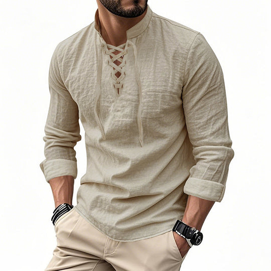 ✨ Easy Everyday Style | Men's Lace-Up Stand-Collar Cotton-Blend Shirt
