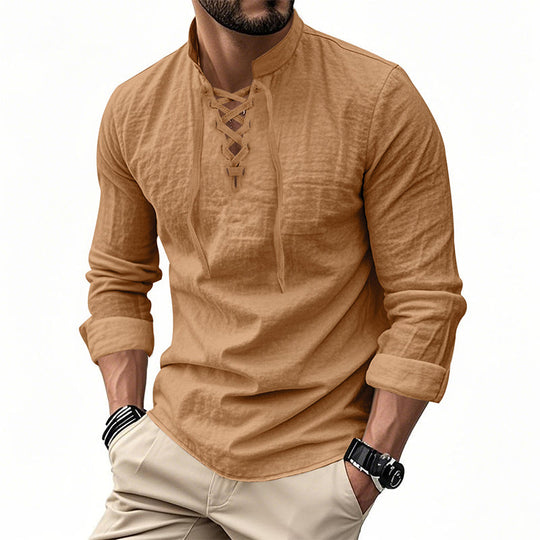 ✨ Easy Everyday Style | Men's Lace-Up Stand-Collar Cotton-Blend Shirt