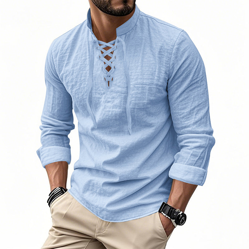 ✨ Easy Everyday Style | Men's Lace-Up Stand-Collar Cotton-Blend Shirt