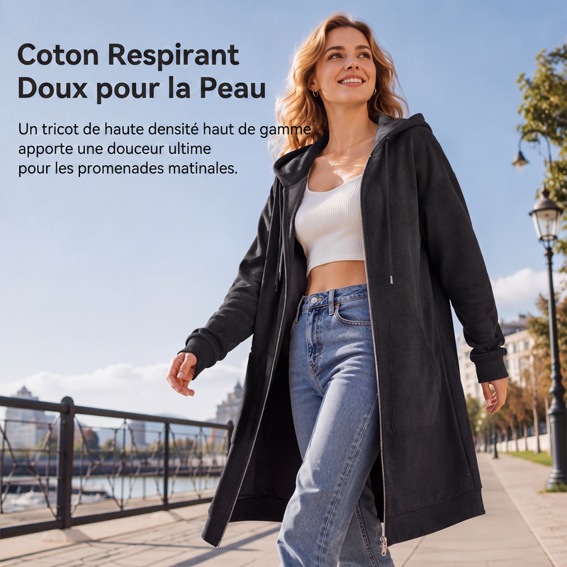 🍂 OFFRE DE SAISON · -50 % | Cardigan Long Femme à Capuche & Zip