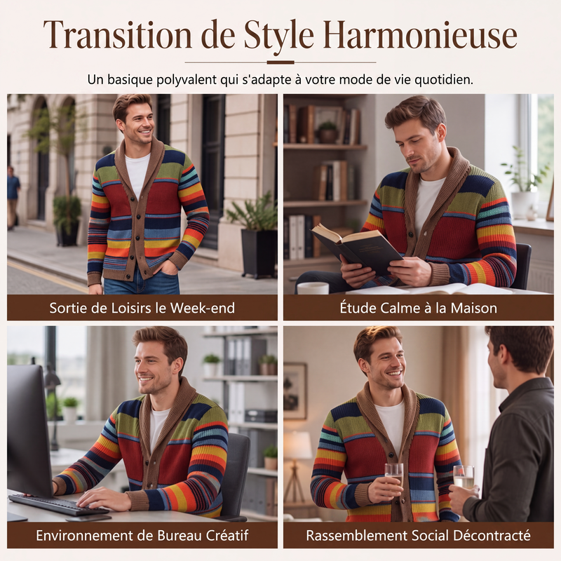 ✨ Qualité & Confort | Cardigan Homme Rayé en Maille à Col Châle