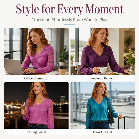 ✨ Flattering Comfort | Women's Lace V-Neck Ribbed Relaxed-Fit Top