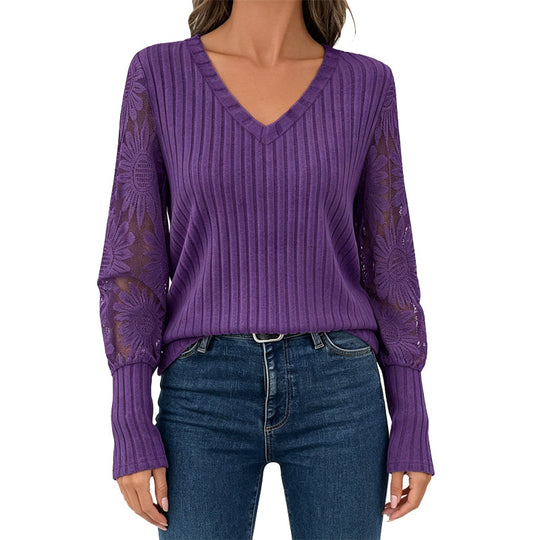 ✨ Flattering Comfort | Women's Lace V-Neck Ribbed Relaxed-Fit Top