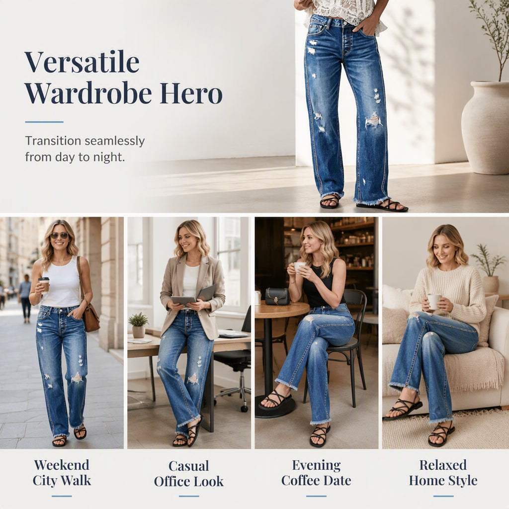 ✨ Timeless Denim Comfort | Women's Distressed Straight-Leg Jeans