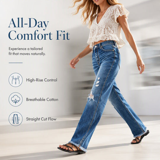 ✨ Timeless Denim Comfort | Women's Distressed Straight-Leg Jeans